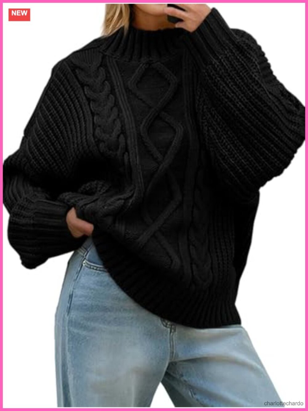 Oversized Cable Knit Turtleneck Sweater Women Chunky Long Sleeve Pullover